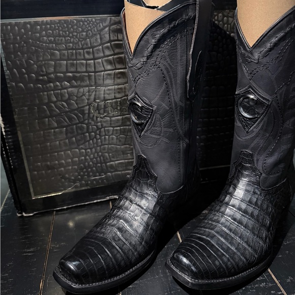 Black Crocodile Embossed Cowboy Boots